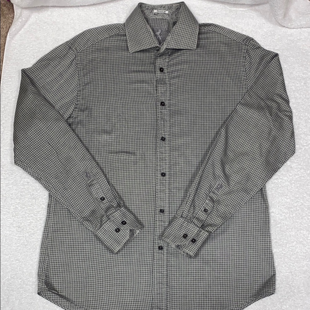 BUGATCHI dress shirt Mens L hounds tooth grey cotton shaped fit flip cuff